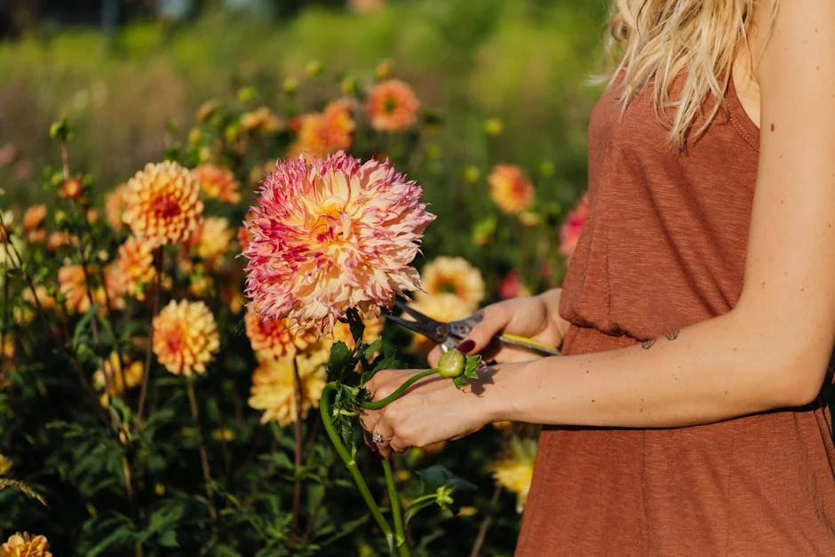 Woman trimming vibrant dahlias in a sunny garden, showcasing gardening beauty.