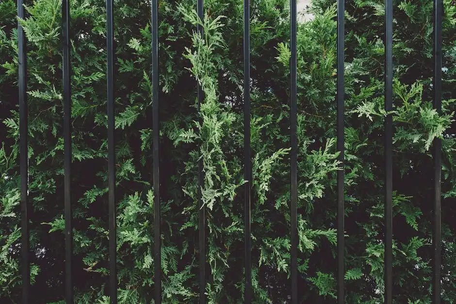 Lush green shrubs contrasted against a sleek steel fence, creating a natural and modern blend.