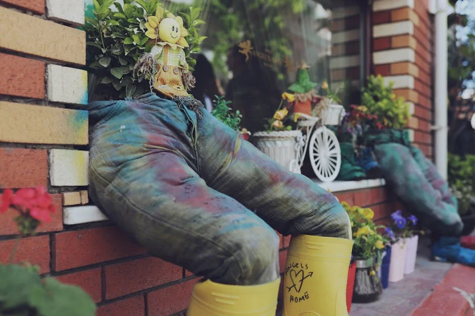 Whimsical garden decoration with jeans and yellow boots potted with greenery.