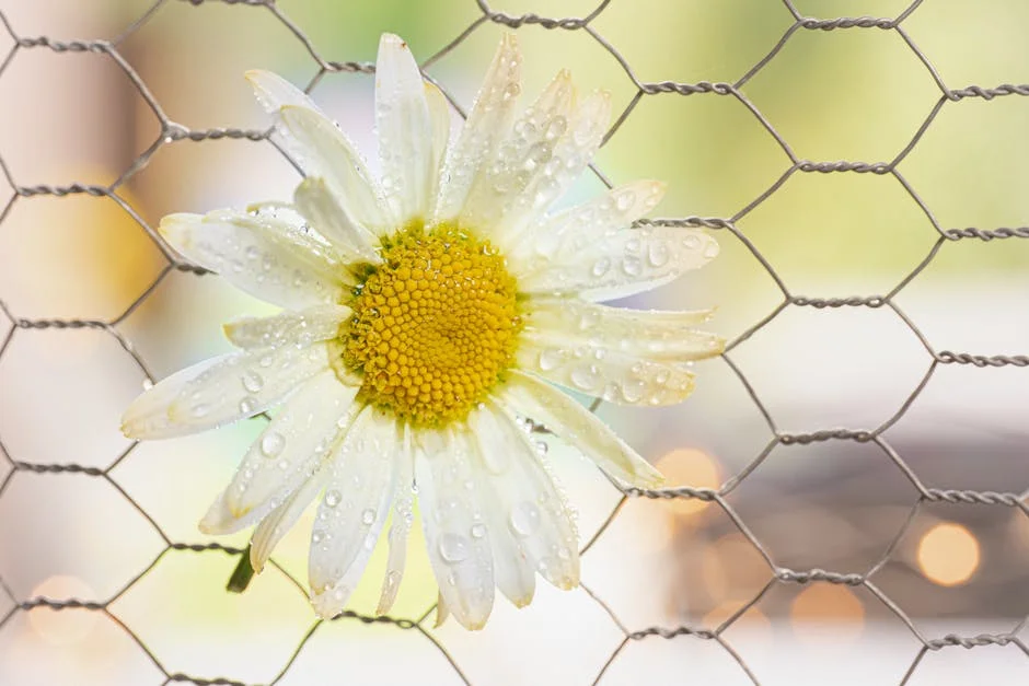 Delicate daisy flower with dew drops on petals, bright and fresh.
