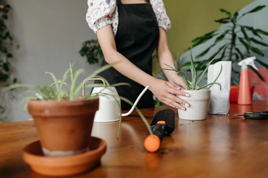 Person tending to aloe vera plants indoors with gardening tools and pots on a wooden table.
