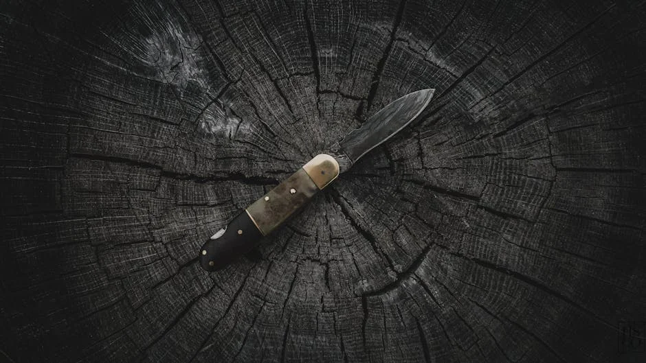 A sharp pocket knife displayed on a rugged, weathered tree stump outdoors.