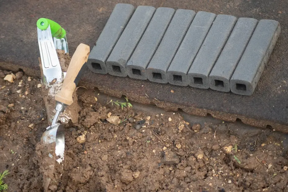Close-up of a trowel and garden pavers next to soil in a garden setting.