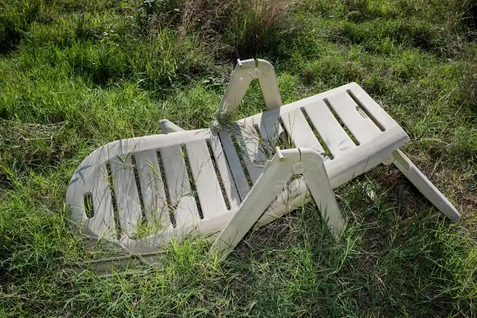 An old, broken plastic lawn chair lying in overgrown grass outdoors.