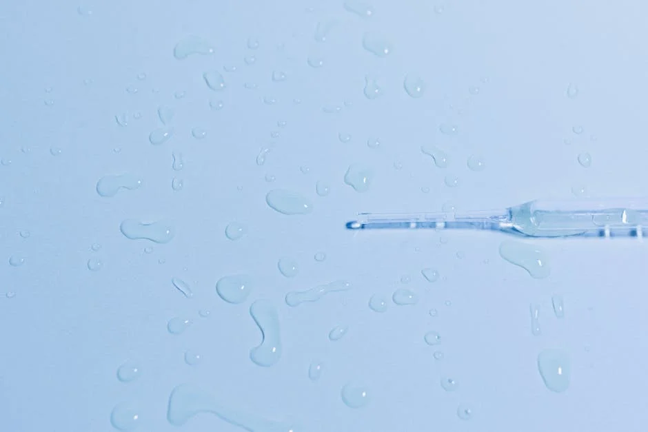 Detailed close-up of a glass pipette on a wet surface with scattered water droplets.