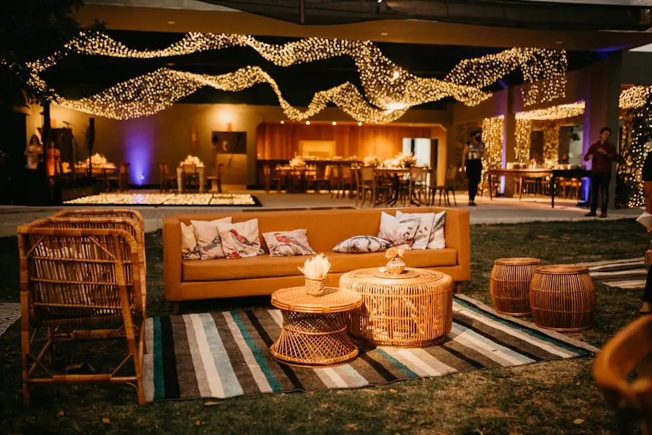 Warm outdoor seating with wicker furniture and ambient lighting for an elegant evening event.