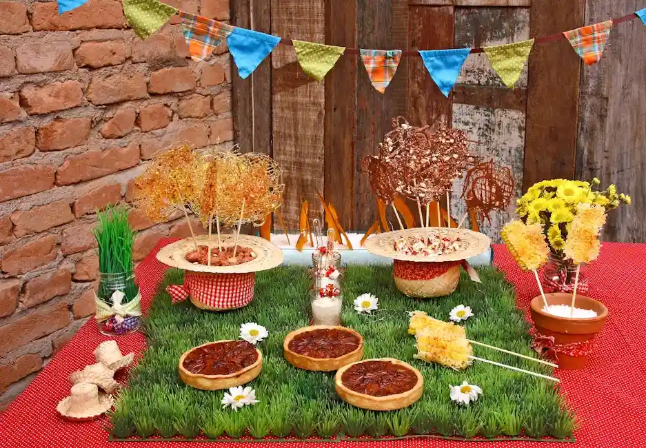 Colorful table with Brazilian sweets and decorations for a festive party.