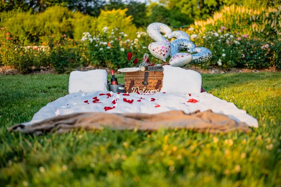Beautiful picnic setting with roses, wine, and balloons for a romantic occasion.