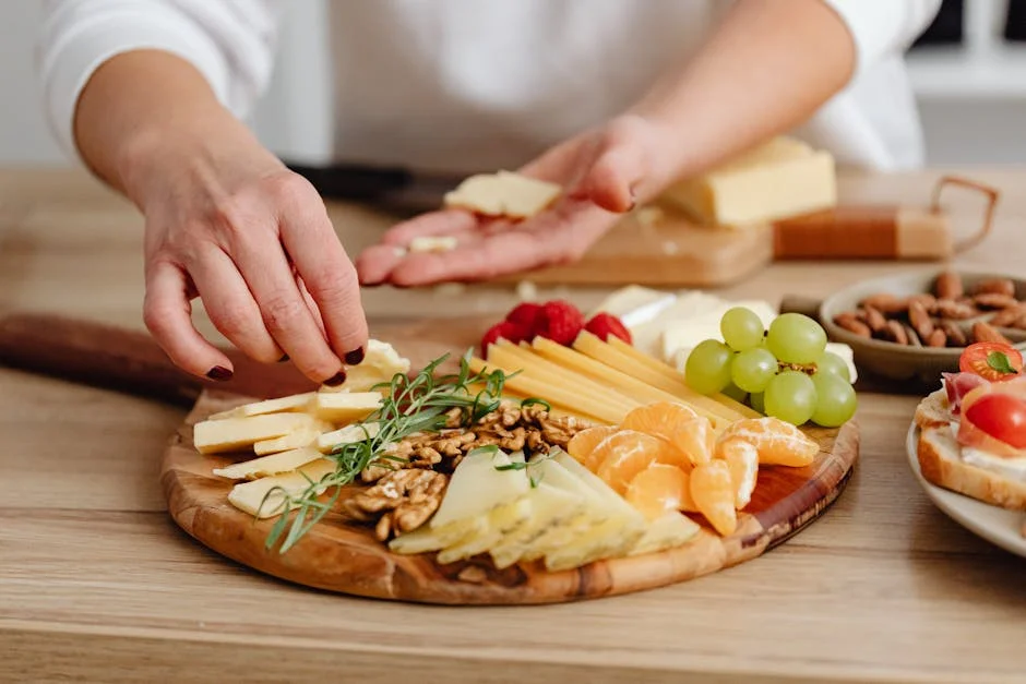 Close-up of hands crafting a gourmet cheese, fruit, and nut charcuterie board.