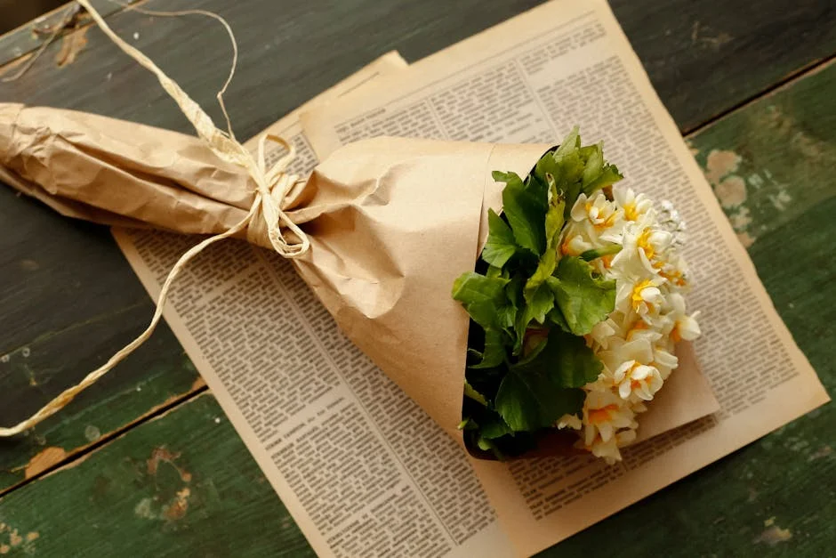 Bouquet of white flowers wrapped in brown paper on vintage pages.