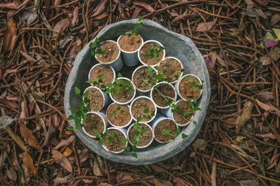 Top view of young saplings growing in plastic cups, set on earthy leaves.
