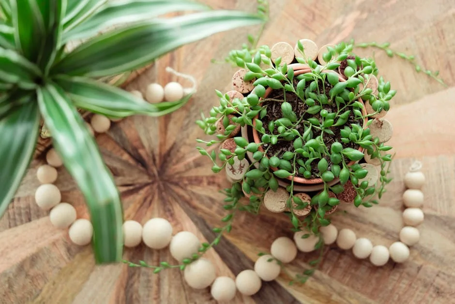 Close-up of string of pearls succulent plant surrounded by decorative wooden beads on a rustic table.
