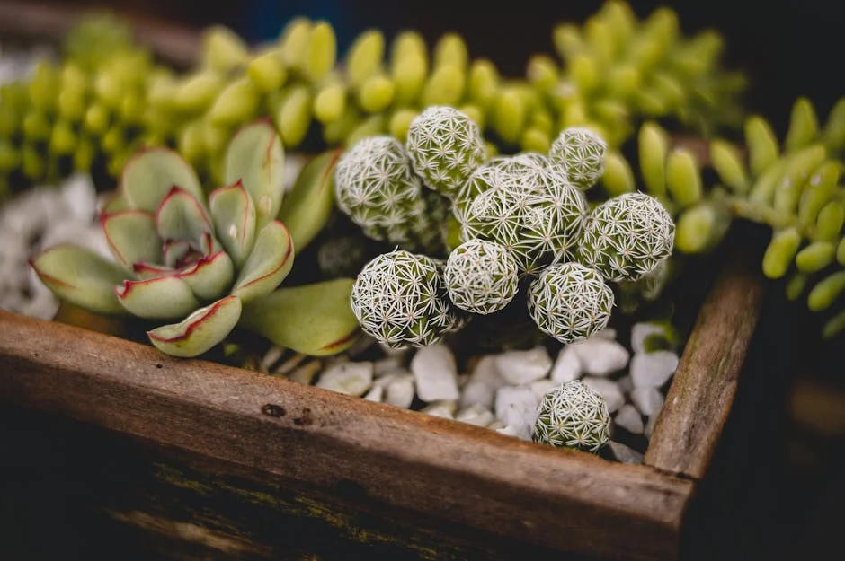 Detailed shot of various cacti and succulents in a wooden planter with white pebbles.