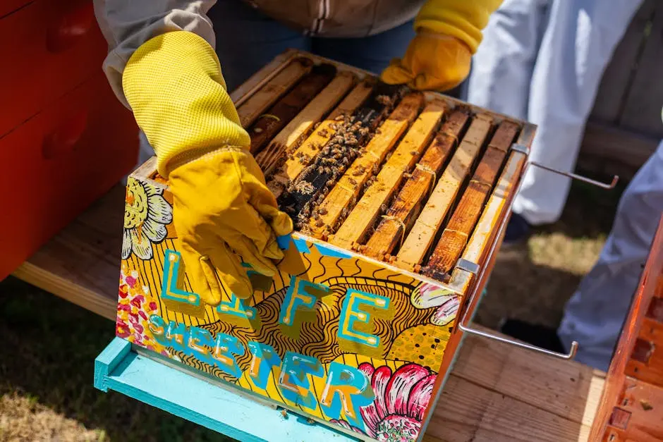 A vibrant urban beekeeping setup in Detroit showcasing a colorful hive box and bees.