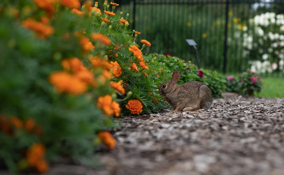 A rabbit exploring bright marigold flowers in a peaceful garden.