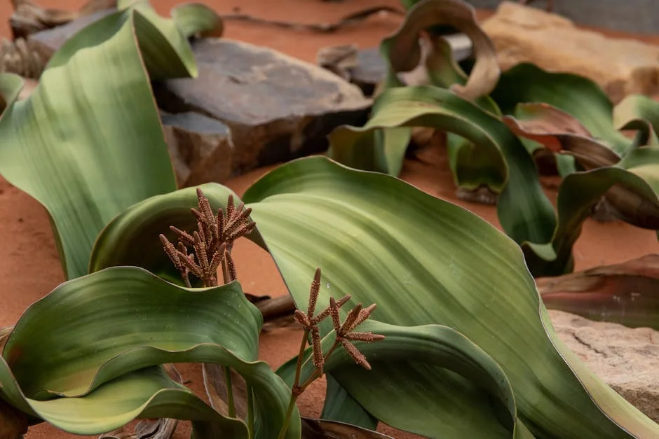 Close-up of desert plant with green leaves and rocky terrain in Cape Town.