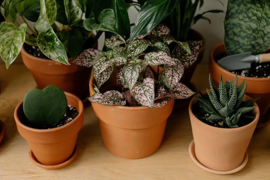 Collection of vibrant indoor houseplants in terracotta pots on wooden surface.