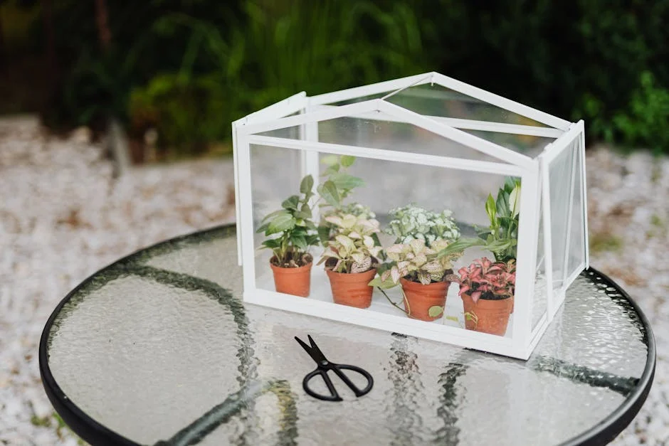 A mini greenhouse on a glass table with fittonia in clay pots and nearby scissors.