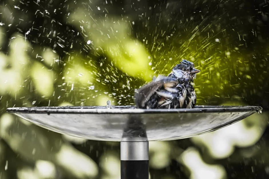 A lively bird splashes playfully in a sunlit fountain, creating a vibrant display of water droplets.