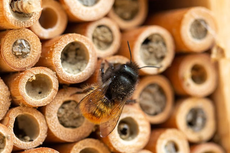 Macro shot of a bee resting on a natural bamboo insect hotel, showcasing wildlife habitat.