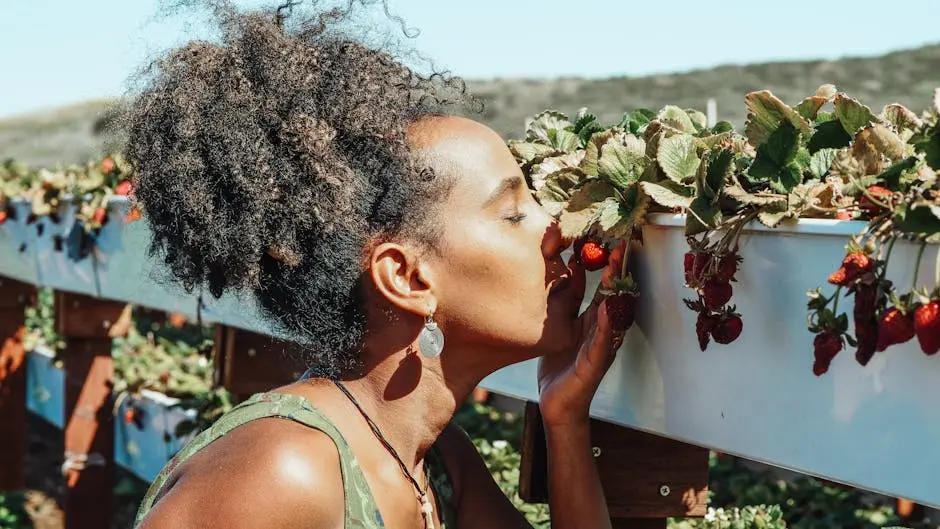 A woman smells fresh strawberries at an outdoor farm on a sunny day.