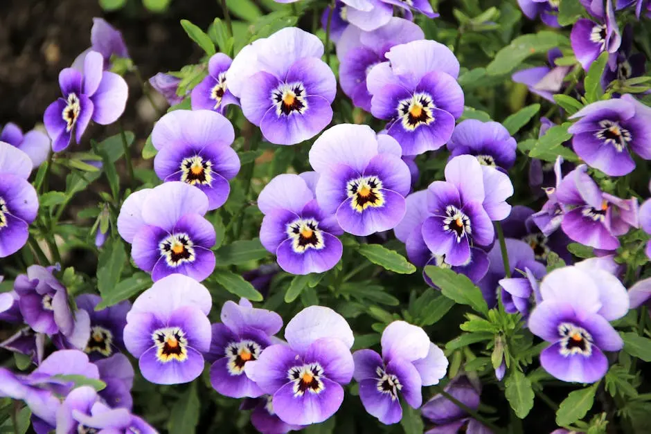 A stunning close-up of vibrant purple pansy flowers showcasing their detailed petals and lush green leaves.