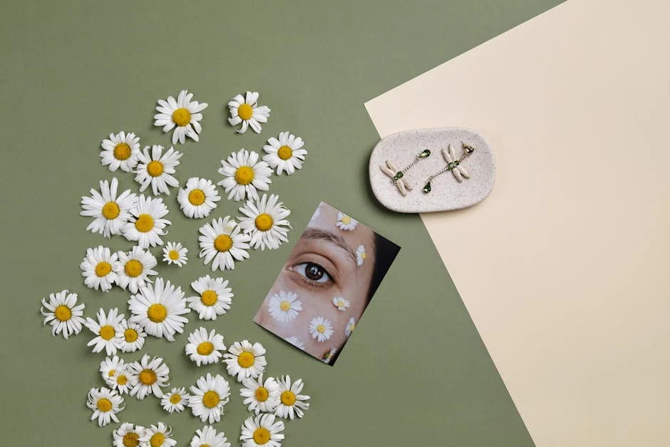 Artistic flat lay featuring daisies, a close-up portrait, and earrings on green background.
