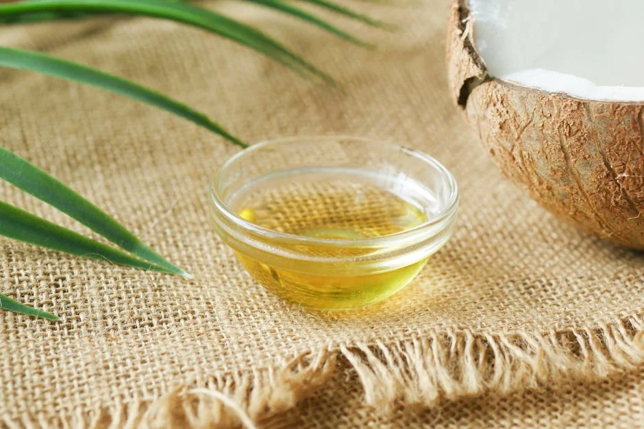 A close-up of coconut oil in a glass bowl on burlap, surrounded by coconut shell and leaves.