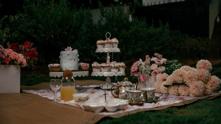 Charming outdoor tea party setting with elegant floral decorations, cupcakes, and vintage tea set.