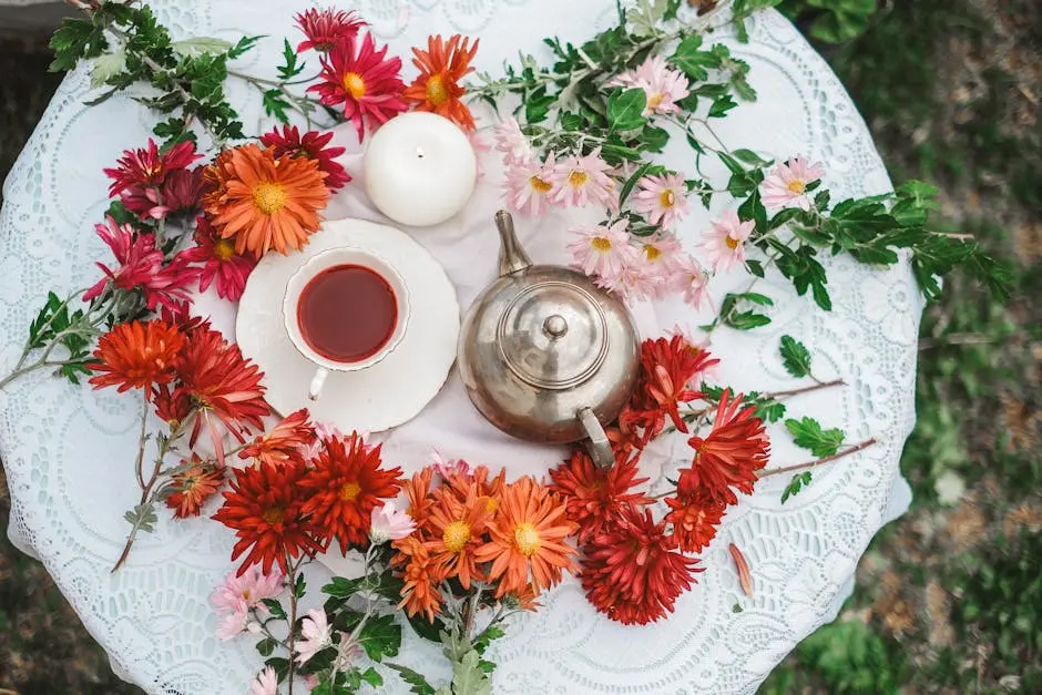 Top view of floral tea setting with vibrant flowers and teapot on lace tablecloth.