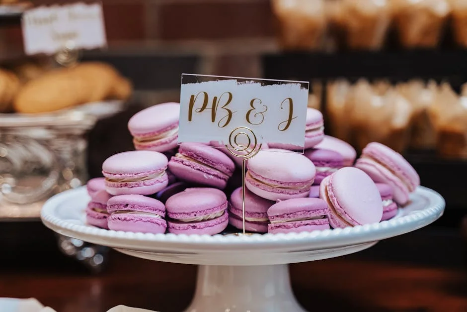 A delectable arrangement of PB&J flavored French macarons on a cake stand.