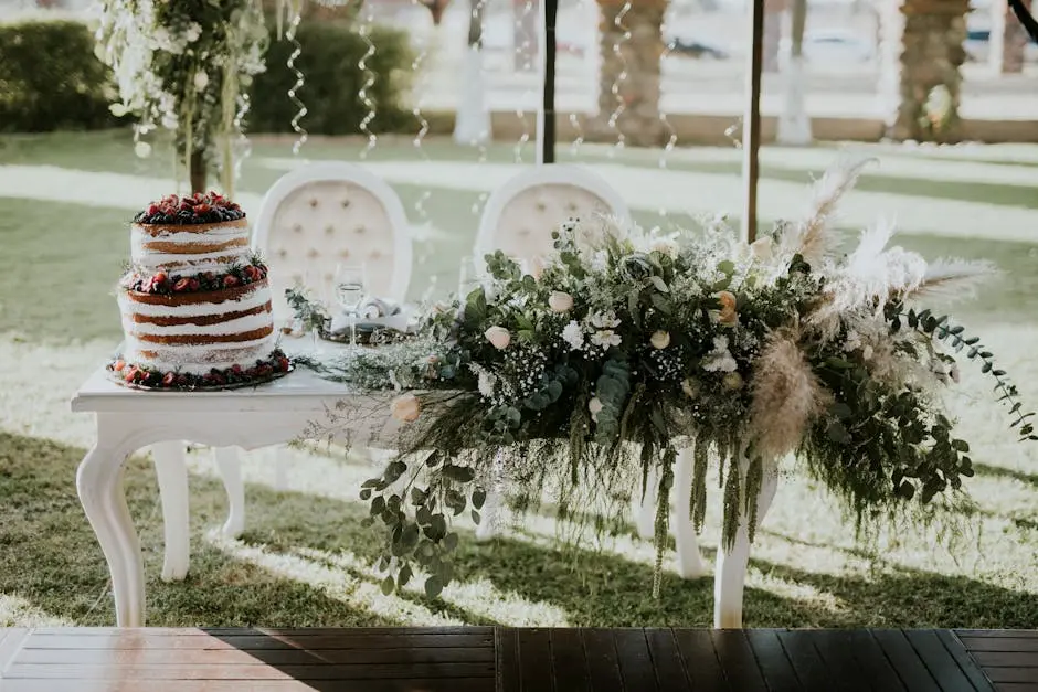 Outdoor wedding scene with a tiered cake and lush floral decorations on a white table.