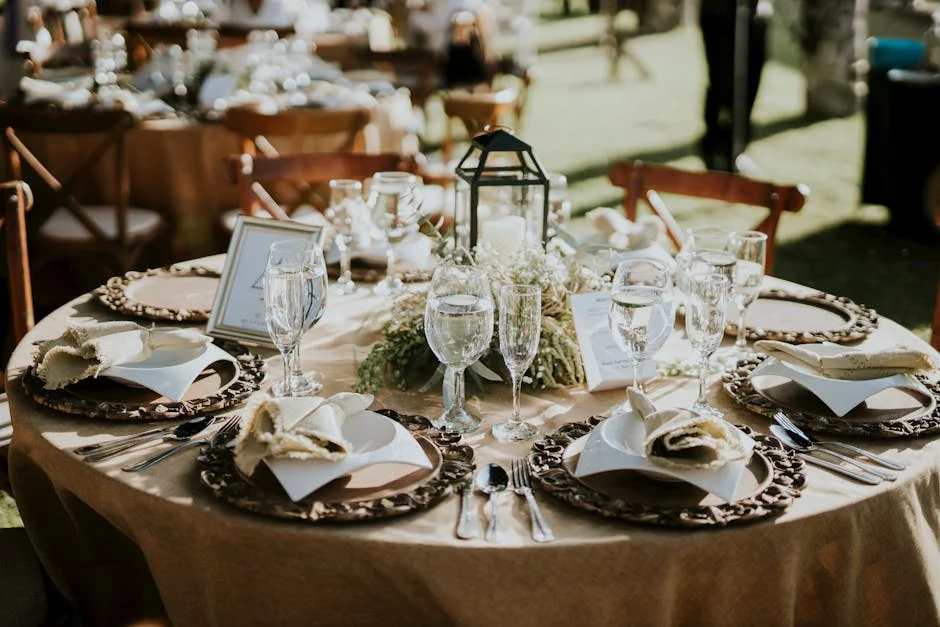 Beautifully arranged outdoor wedding reception table with glassware and floral centerpiece.