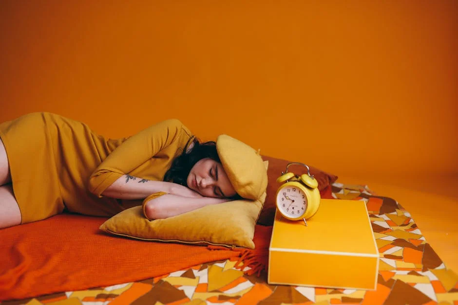 Brunette woman in yellow dress sleeping near vintage alarm clock on a colorful bed.
