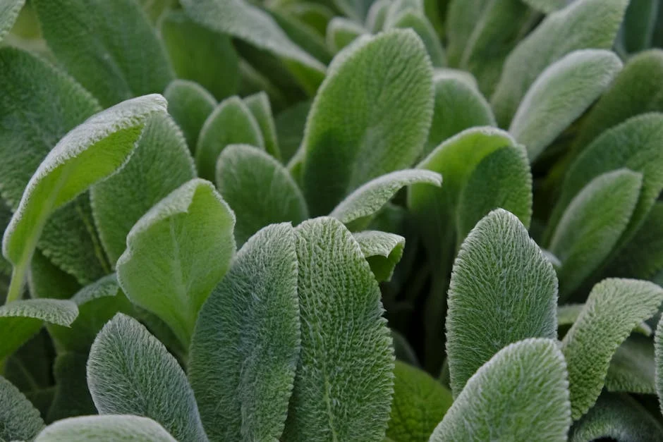 Detailed close-up of Stachys byzantina leaves with woolly texture in natural setting.