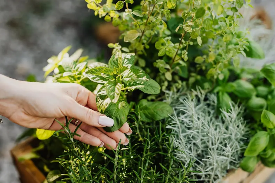 A hand delicately holds fresh herbs including mint and rosemary from a lush garden.