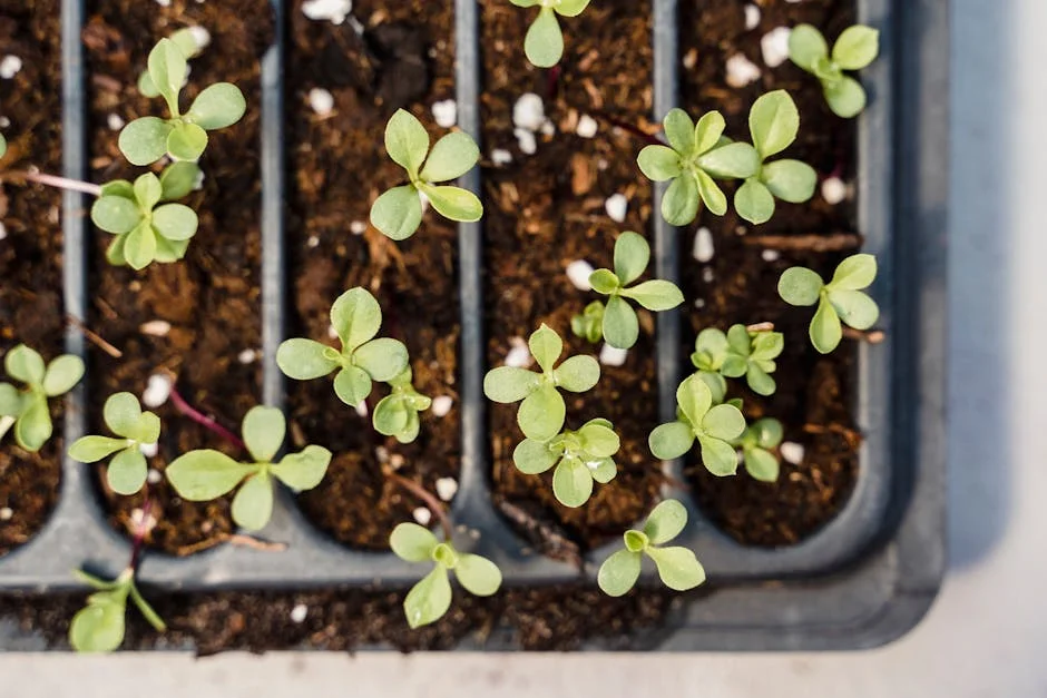 Detailed view of young seedlings growing in a tray, showcasing plant growth.