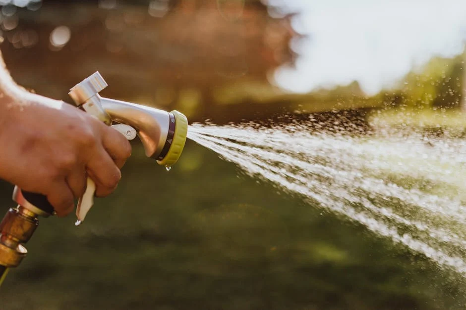 Close-up of a hand holding a garden hose, spraying water outdoors on a sunny day.