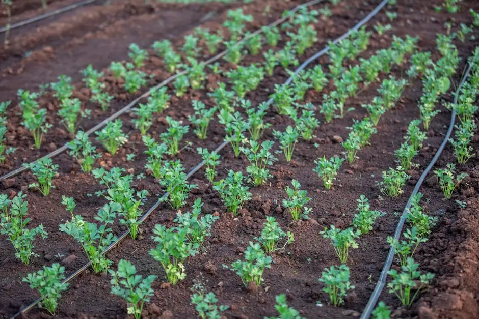 Young vegetable plants growing with drip irrigation system in a fertile field.