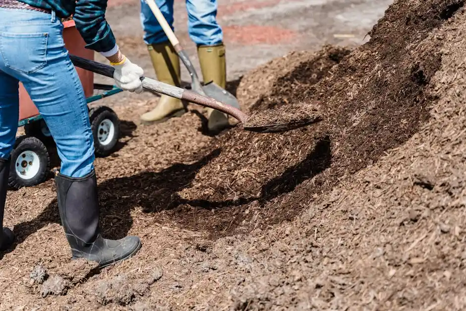 Two workers spreading soil outdoors, emphasizing teamwork and gardening efforts.