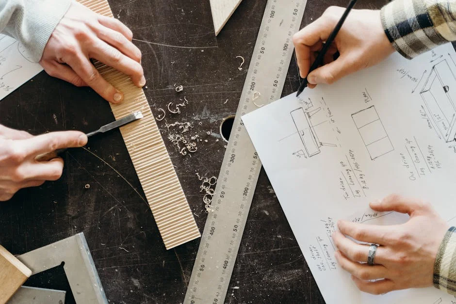 Close-up of hands designing woodworking projects on paper with rulers and wood shavings.