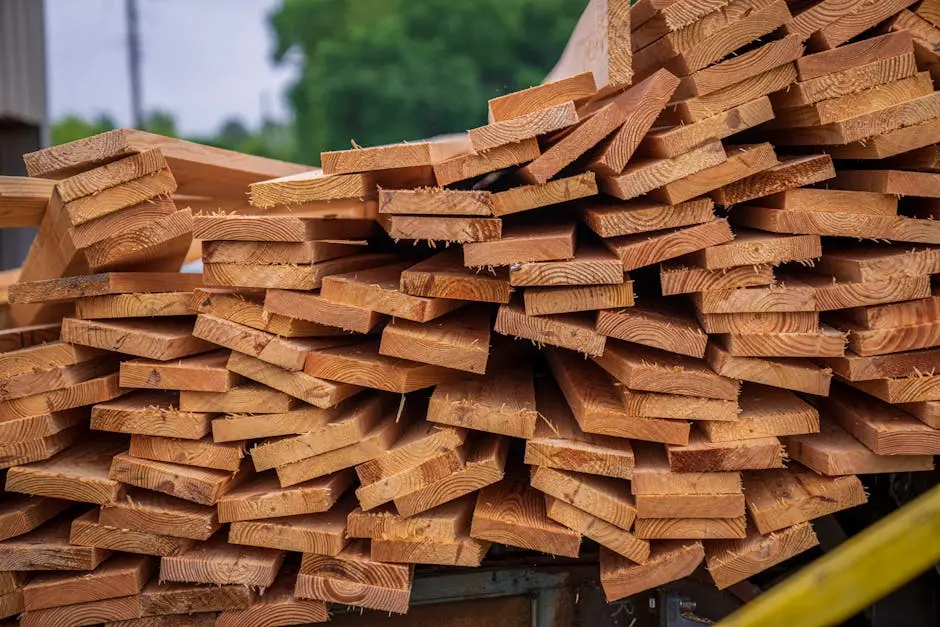 Close-up view of stacked lumber in an outdoor setting, ideal for carpentry projects.
