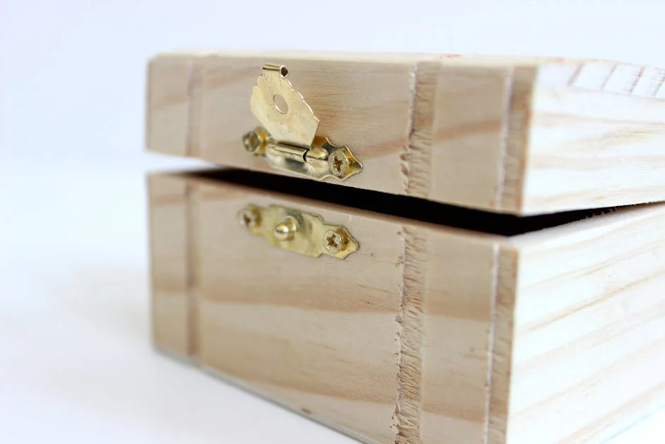 A close-up of an open wooden box with a brass latch, ideal for storage or decoration.