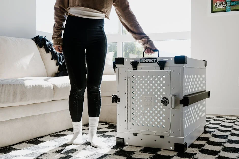 Stylish and durable dog crate in a contemporary living room setting, offering pet safety and modern elegance.