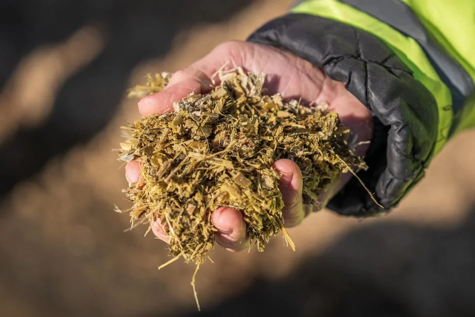 Hand holding a handful of organic silage for agricultural feeding, outdoor setting.