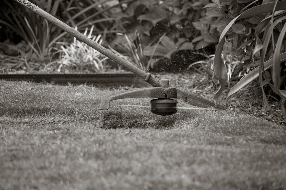 Close-up of a grass trimmer cutting the lawn with foliage background.