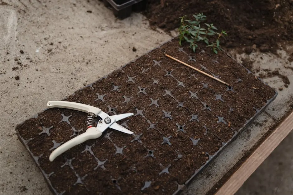 Close-up of gardening tools next to a soil filled seedling tray ready for planting.