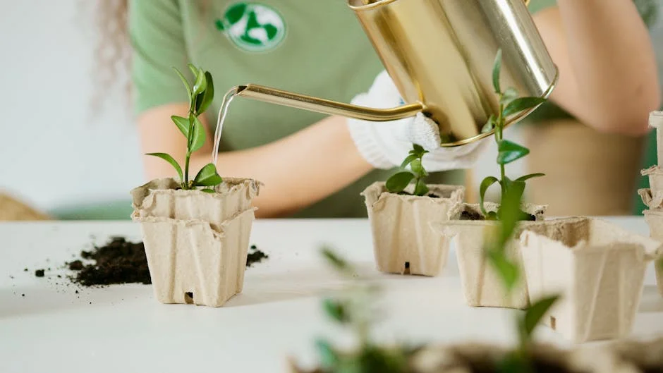Person watering young plants in eco-friendly recycled pots for sustainable gardening.