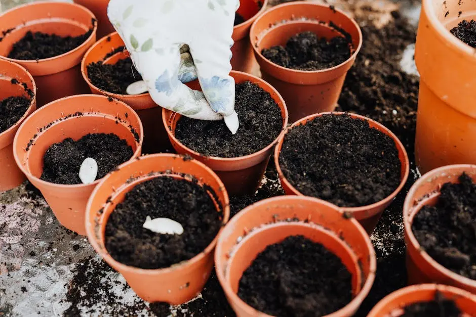 A gloved hand planting seeds in multiple pots with fresh soil.