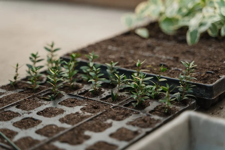Young seedlings sprouting in soil trays, ideal for horticulture and gardening themes.